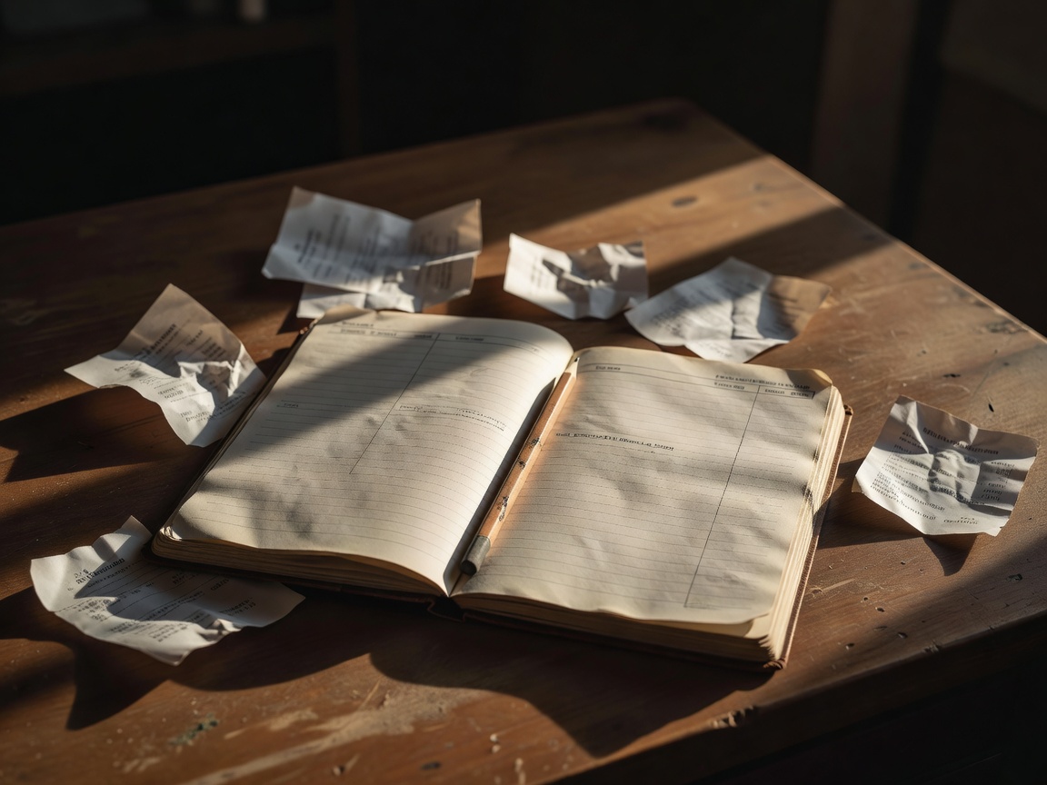 Open household budget notebook beside receipts and a pencil in deep afternoon shadow