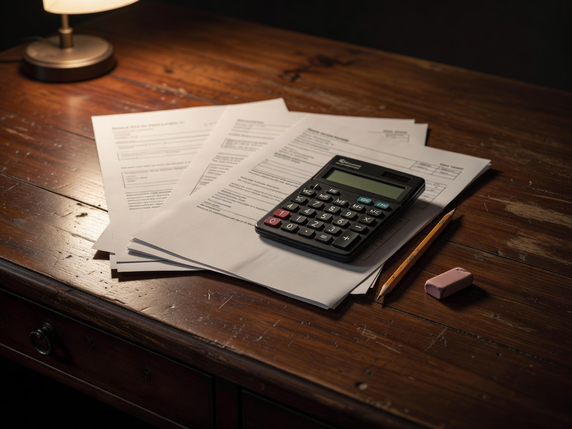 Household payment statements with a calculator and pencil on a dark, warm-toned desk