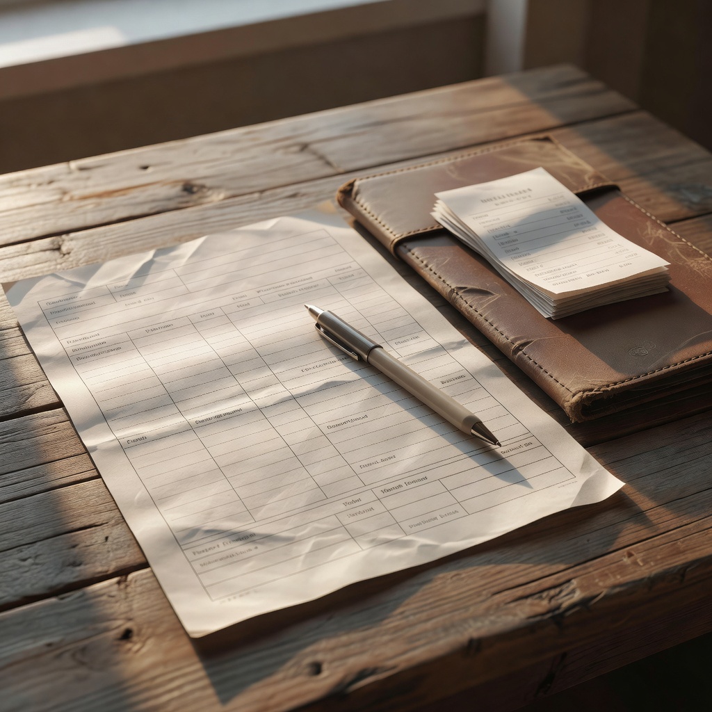 Printed household worksheet, receipt folder and pen arranged in warm shadows
