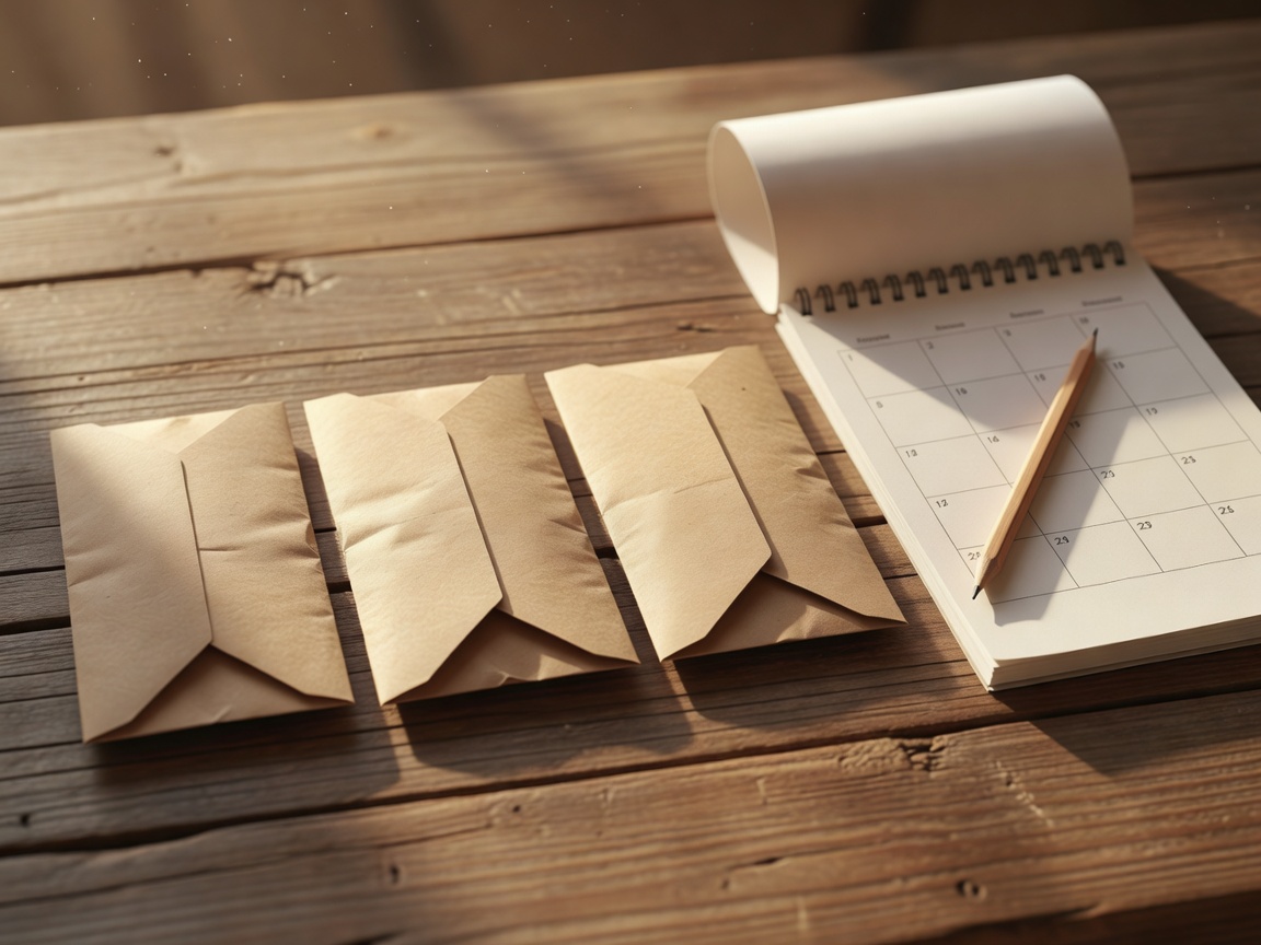 Labeled savings envelopes beside a calendar and pencil under warm directional light